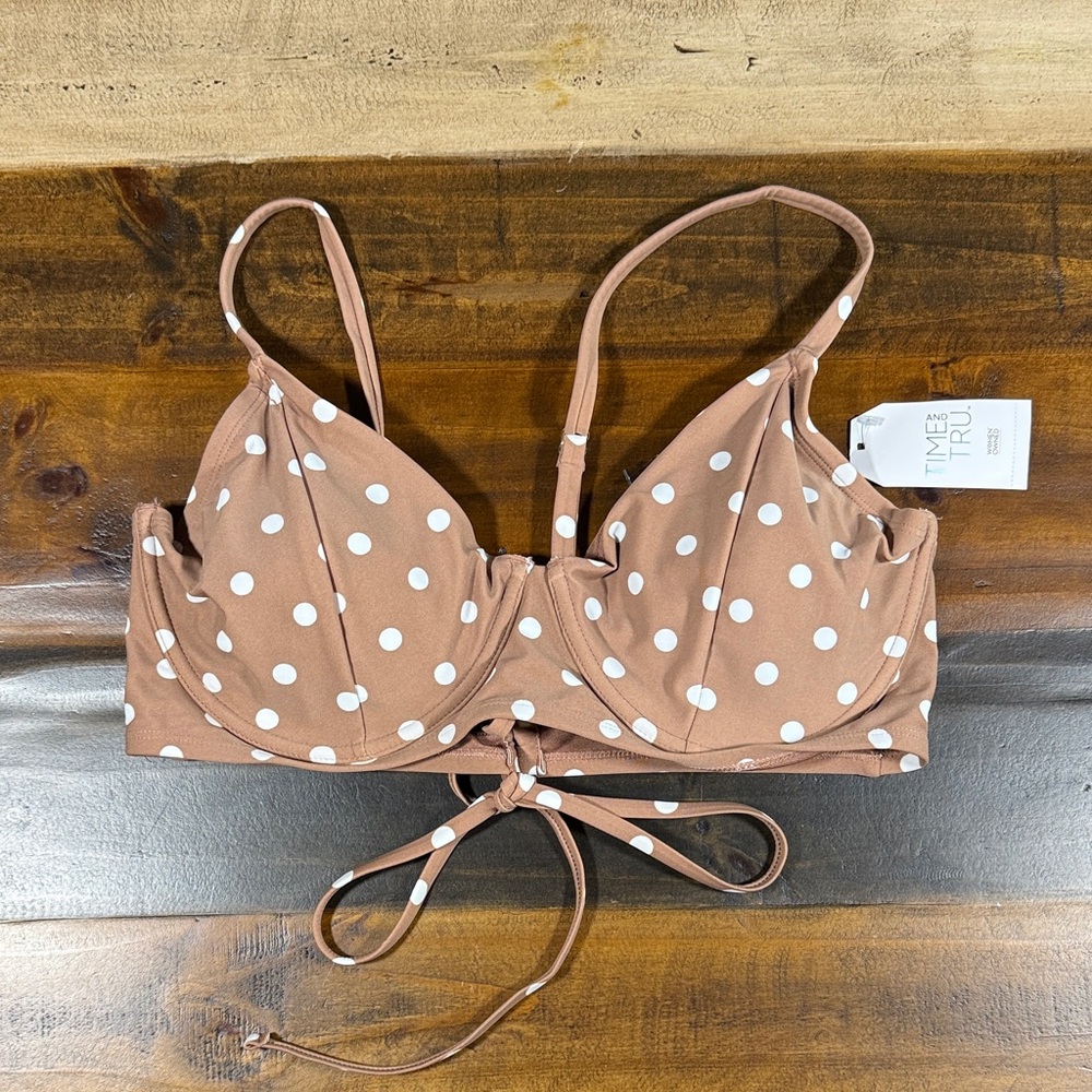 Time and Tru Brown Bikini Top with White Dots NWTS